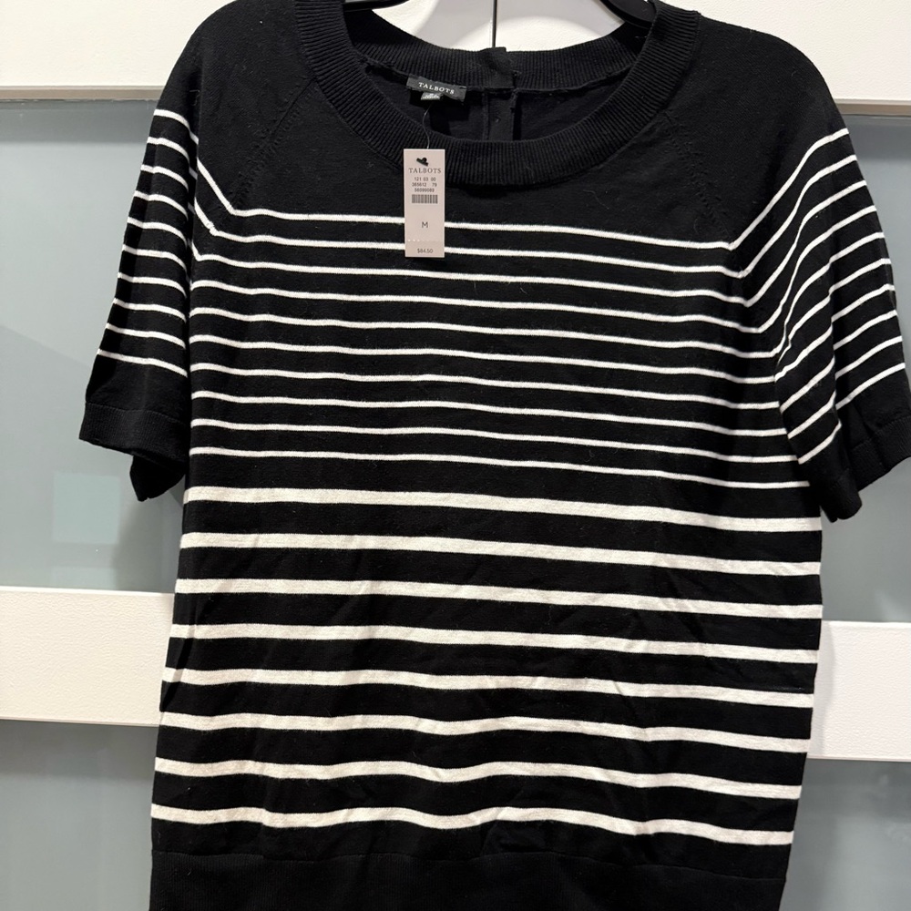 Talbots Black and White Striped Short Sleeve Knit Sweater Top Size Medium NWT